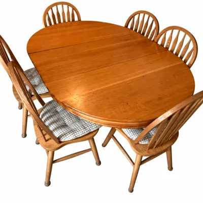 Oval Extension Dining Table, Four Leaves And Six Spindle-back Chairs