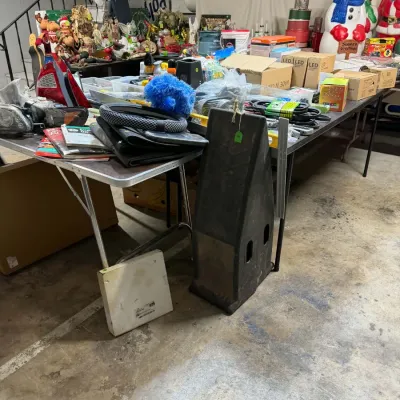 Sale Photo Thumbnail #36: Large assortment of items including automotive parts, tools, household goods, and Christmas decorations such as a large blow mold snowman display.