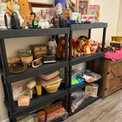 Sale Photo Thumbnail #26: Collectibles, vintage Tupperware, and plush Disney toys.