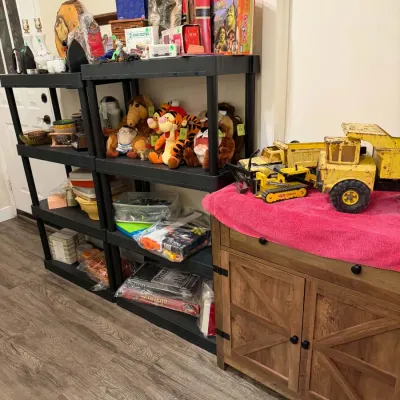 Sale Photo Thumbnail #23: Collection of vintage toys, plushies, board games, and home decor  and vintage yellow Tonka trucks.