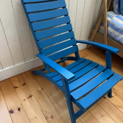 Sale Photo Thumbnail #17: Blue-painted wood slatted lounge armchair with a high reclined back, in excellent condition.