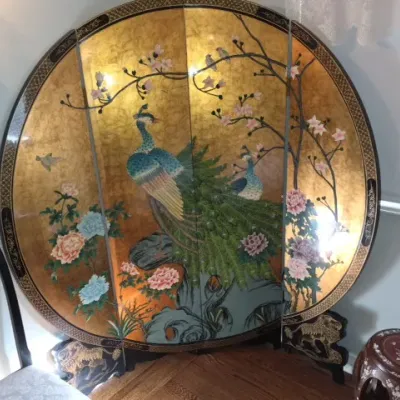 Sale Photo Thumbnail #19: Large circular Asian four-panel folding room screen with gold leaf background, depicting peacocks, cherry blossoms, and peonies.
