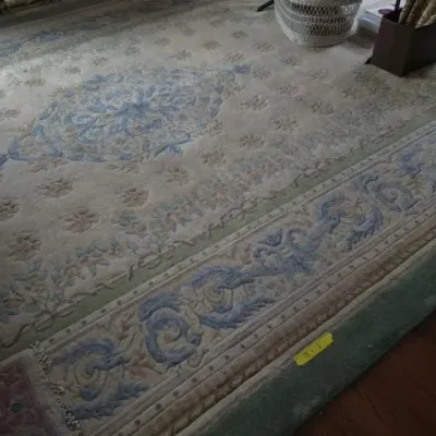 Sale Photo Thumbnail #43: Large pastel traditional area rug featuring a central blue floral medallion and ornate blue scrollwork border on a beige and green ground.