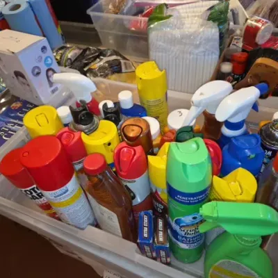 Sale Photo Thumbnail #163: Clear plastic storage bin filled with assorted household cleaning supplies, aerosol sprays, and paper products.