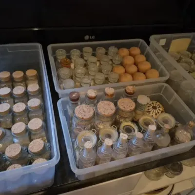 Sale Photo Thumbnail #138: Collection of glass spice jars with cork and wooden stoppers organized in clear plastic storage bins.