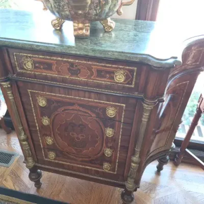 Sale Photo Thumbnail #15: French Louis XVI style marquetry inlaid cabinet with a green marble top and ornate brass hardware.