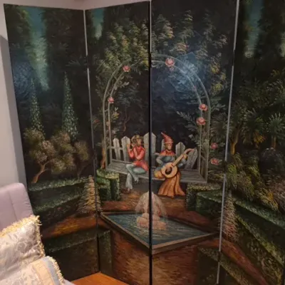 Sale Photo Thumbnail #9: Four-panel folding room divider screen featuring a hand-painted garden landscape scene with figures playing music.
