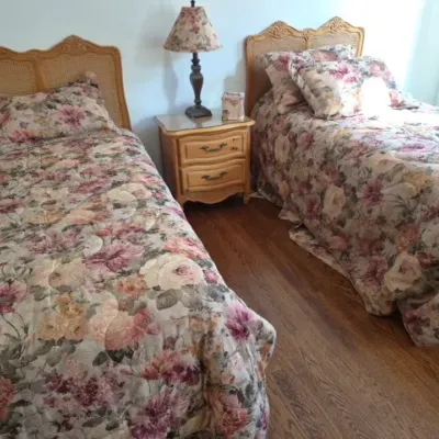 Sale Photo Thumbnail #46: Pair of vintage twin beds featuring arched cane-panel headboards, dressed in matching floral comforters, flanked by a two-drawer nightstand and table lamp.