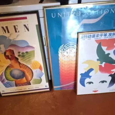 Sale Photo Thumbnail #184: Set of three framed United Nations exhibition posters, including two from the 1995 Fourth World Conference on Women in Beijing, China.