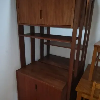 Sale Photo Thumbnail #35: Mid-century Danish modern style teak wall unit, featuring upper and lower cabinet storage with center open shelving.