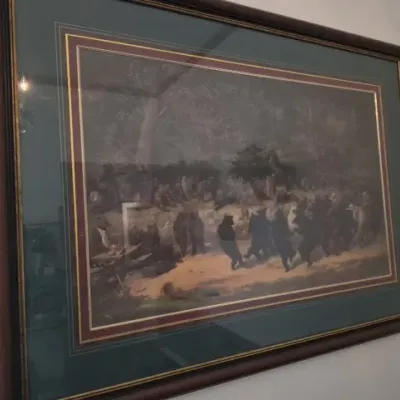 Sale Photo Thumbnail #62: Framed artwork depicting a whimsical gathering of bears, presented with double matting in a dark wood frame.