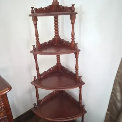 Sale Photo Thumbnail #56: Vintage dark wood five-tier corner what-not shelf with turned spindles and carved galleries.