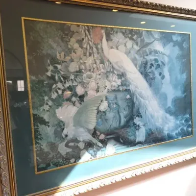 Sale Photo Thumbnail #60: Large framed art print featuring white peacocks and lush botanical florals, housed in an ornate carved metallic frame with double matting.