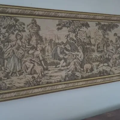 Sale Photo Thumbnail #67: Large framed woven tapestry depicting a French pastoral scene with figures in 18th-century attire.