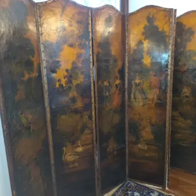 Sale Photo Thumbnail #7: Five-panel painted folding room divider screen featuring French rococo pastoral scenes with figures and swans, detailed with brass nailhead trim.
