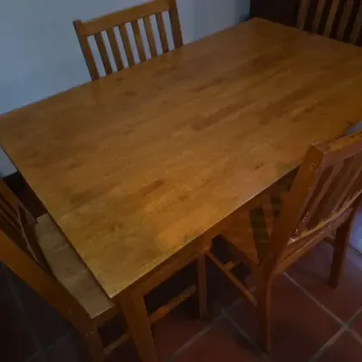 Sale Photo Thumbnail #95: Light oak rectangular dining table set with matching slat-back wooden chairs.
