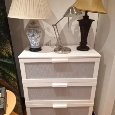 Sale Photo Thumbnail #106: Modern white three-drawer chest featuring textured drawer panels, topped with an assortment of table lamps.