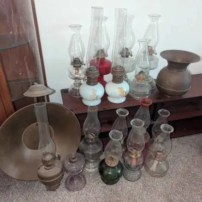 Sale Photo Thumbnail #65: Sw145 glass kerosene oil lamps and union pacific railroad spittoon