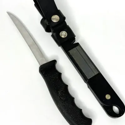 Flexible fillet knife with textured black molded handle alongside its matching sheath featuring a belt loop, snap closure, and integrated...