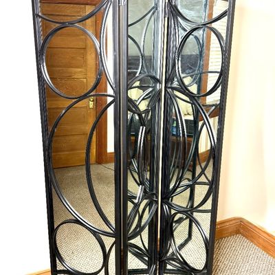 Three-panel contemporary mirrored folding screen featuring a black frame with geometric overlapping circle metal overlays.