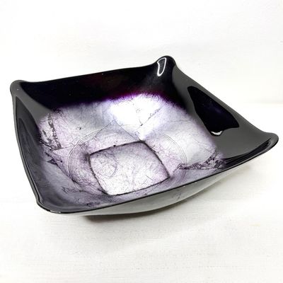Square art glass catchall dish with a dark purple border and a silver leaf textured center.