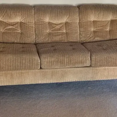 Three Seater Sofa in Tan Fabric, 80” x 40” x 37”