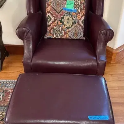Leather Chair with Pillow and Foot Stool