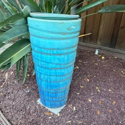 Outdoor Ceramic Tall Pot in Blue Hues with Top Plate for Birdbath