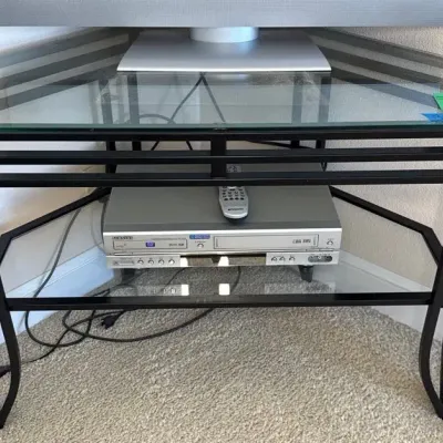 Corner Wrought Iron and Glass Table, 36” x 21” x 25”
