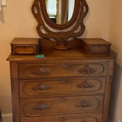 Four Drawer Wood Dresser, Two Small Drawers on Top with Oval Mirror