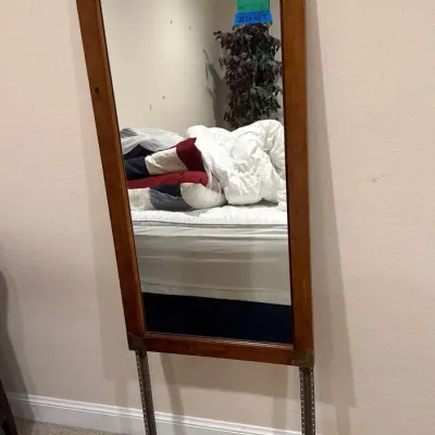 Mirror with Wood Frame And Gold Tone Metal Accents, 22” x 1” x 42”