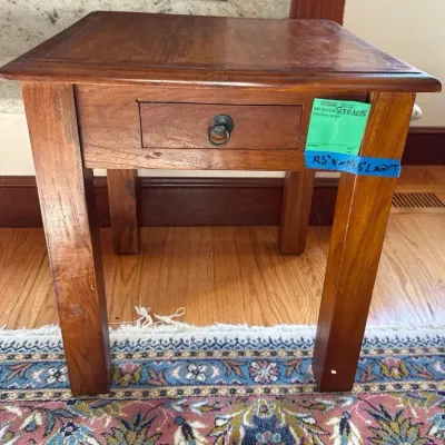 Small Walnut Wood Table with Drawer, 19 1/2” x 19 1/2” x 21”