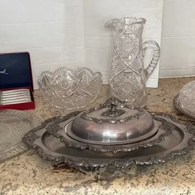 Vintage Glass Bowl, Platter, Leonard Stainless Steel Knives