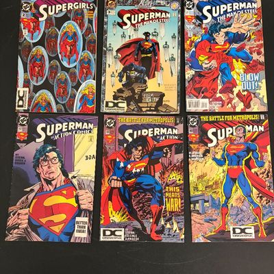 Collection of six DC Superman family comic books from the 1990s, including Supergirl, Superman: The Man of Steel, and Action Comics...