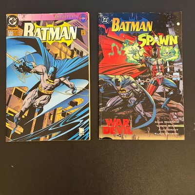 Two 1990s DC comic books, including Batman #500 featuring Knightfall 19 and the Batman Spawn War Devil crossover issue.