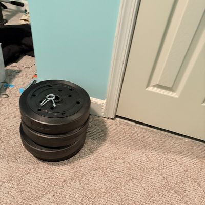 Sale Photo Thumbnail #255: Stack of black plastic-coated weight plates resting on a carpeted floor next to a spring clip collar.