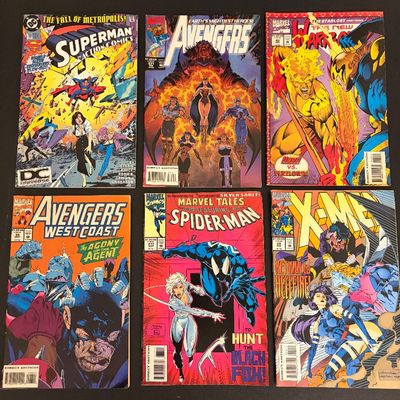 Collection of six vintage Marvel and DC comic books from the early 1990s, including Superman Action Comics, Avengers, New Warriors,...