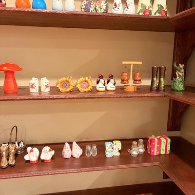 Sale Photo Thumbnail #180: Large collection of novelty salt and pepper shakers displayed on dark wooden shelving, featuring various shapes including lightbulbs, ducks, sunflowers, mushrooms, and seasonal themes.