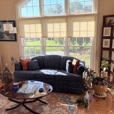 Sale Photo Thumbnail #139: Sunlit living room featuring a navy blue upholstered sofa, a mahogany drop-leaf coffee table with a chess set, and an arched floor lamp.