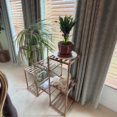 Sale Photo Thumbnail #290: Multi-tier slatted wooden plant stand displaying potted houseplants, air plants, and decorative heart-shaped ceramic items.