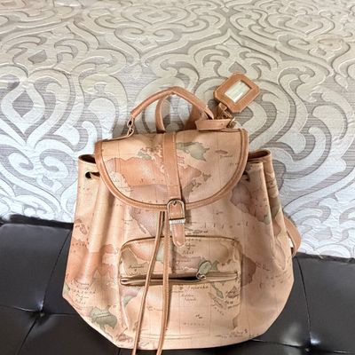 Sale Photo Thumbnail #302: Alviero Martini Prima Classe map-print leather backpack with drawstring closure, front zippered pocket, and matching luggage tag.