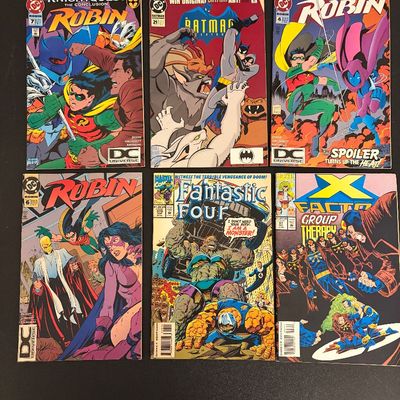 Collection of six 1990s comic books from DC and Marvel, including Robin, The Batman Adventures, Fantastic Four, and X-Factor issues.