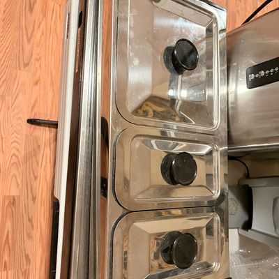 Sale Photo Thumbnail #237: West Bend electric triple buffet server with stainless steel pans and lids, featuring round black knobs.