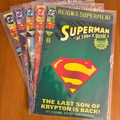 Fan of bagged and boarded 1993 DC Action Comics "Reign of the Supermen!" storyline comic books, including issue #687.
