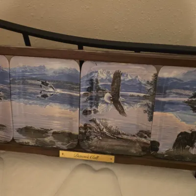 Sale Photo Thumbnail #5: Four-panel framed wildlife art display titled 'Dawn's Call' featuring scenic mountain landscapes, orcas, and bald eagles.