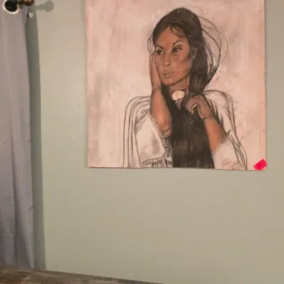 Sale Photo Thumbnail #11: Large unframed portrait painting on canvas depicting an Indigenous woman in traditional attire, signed by the artist.
