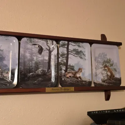 Sale Photo Thumbnail #7: Four-piece wildlife plate collection titled 'Nature's Harmony' displayed in a wooden wall-mounted rack, featuring artwork of wolves, an eagle, and cougars.