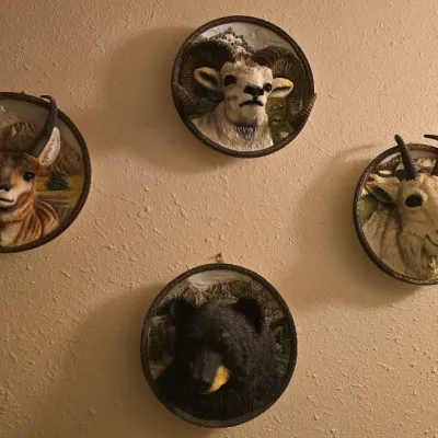Sale Photo Thumbnail #24: Collection of round, 3D resin animal head wall plaques mounted on a textured beige wall.