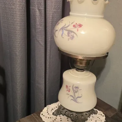 Sale Photo Thumbnail #8: Vintage Gone with the Wind style table lamp featuring hand-painted floral details on milk glass with a ruffled shade top and cast metal base.