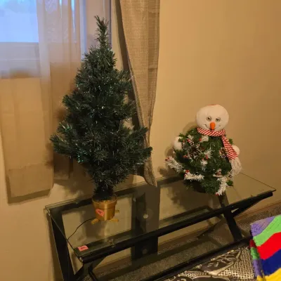 Sale Photo Thumbnail #19: Small tabletop fiber-optic Christmas tree alongside a decorative snowman-head mini tree, displayed on a modern black glass sofa table.